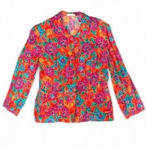 Vintage Carole Little Petites Red Multicolor Colorful Floral Funky Retro 80s Top
